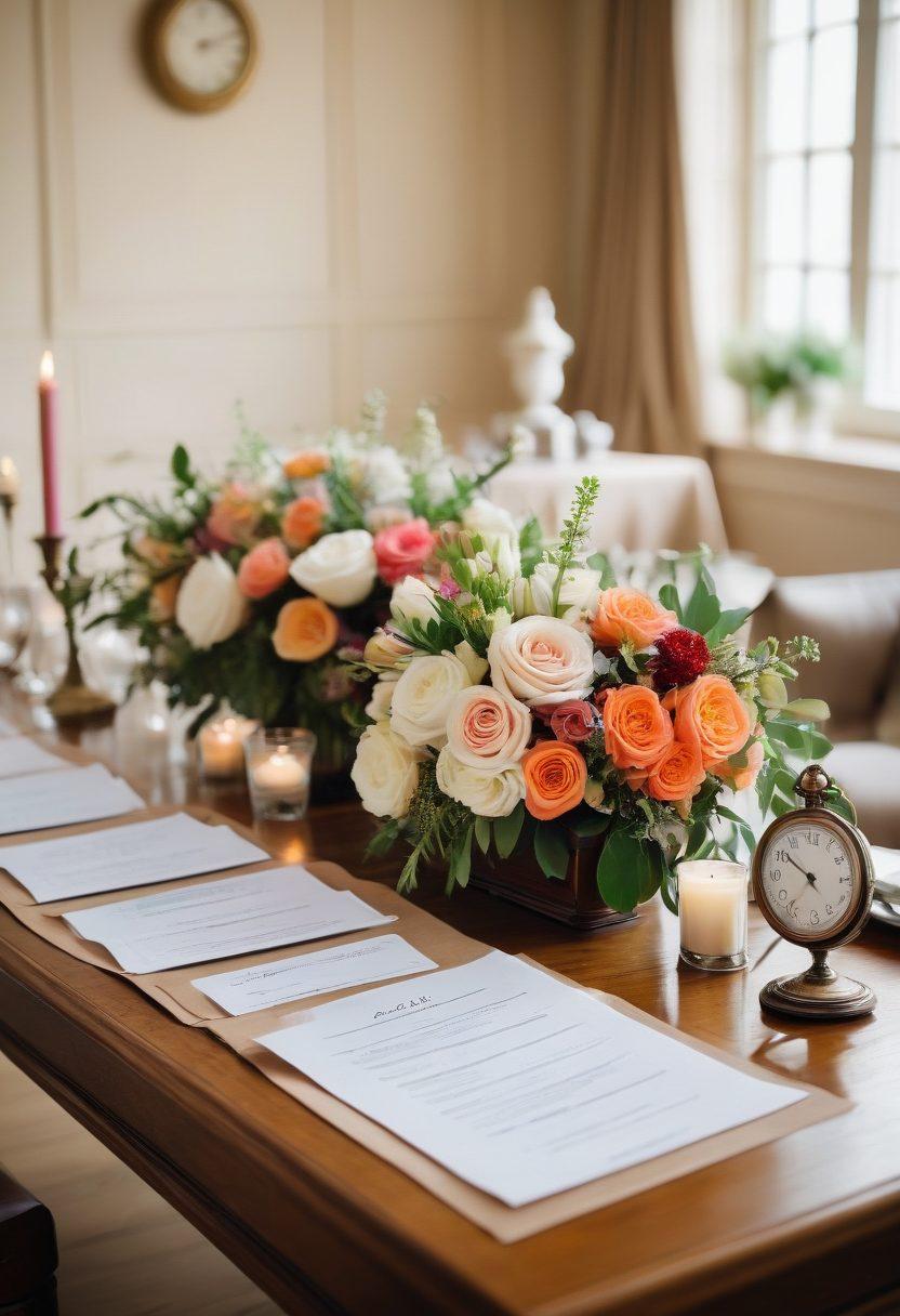 A stylish open checklist placed on a beautifully arranged wooden table, featuring elegant wedding attire options like a tuxedo and a flowing wedding dress. Surrounding the checklist, delicate floral arrangements and a vintage pocket watch set the formal ambiance. In the background, soft lighting creates a romantic atmosphere with a hint of a wedding venue. chic and modern. vibrant colors. soft focus.