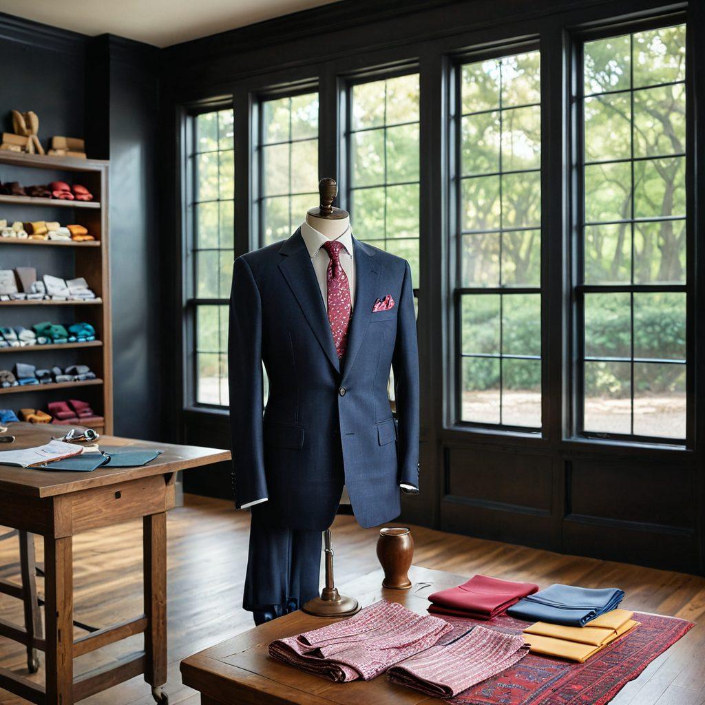 A sophisticated tailor's workshop filled with vibrant fabric swatches, measuring tapes, and a classic mannequin dressed in a perfectly tailored suit. Soft natural light filters through a large window, highlighting intricate stitching details. In the background, a chalkboard displays tips for renting and customizing suits for various formal occasions. An array of special event imagery, like weddings and galas, subtly blends into the scene. super-realistic. warm colors. soft focus.