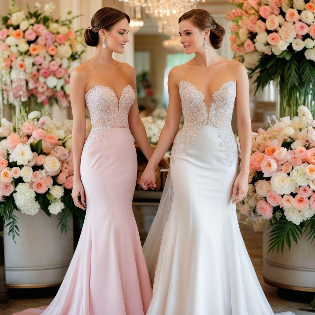 An elegant wedding and formal attire display featuring a diverse range of outfits, including a stunning wedding gown, tuxedos, and vibrant bridesmaid dresses. Surround them with luxurious accessories like sparkling jewelry and stylish shoes, set against a soft, romantic background of pastel colors and floral décor. This whisper of grandeur captures the essence of choosing the perfect ensemble for special occasions. soft focus. vibrant colors. elegant style.